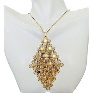 Gold Plated Chain Mesh Pendant Necklace 24”  Diamond Link Grannycore